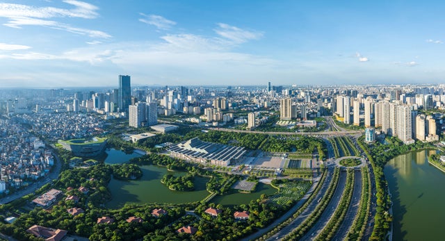 Aerial panorama view of Hanoi modern metropolis 